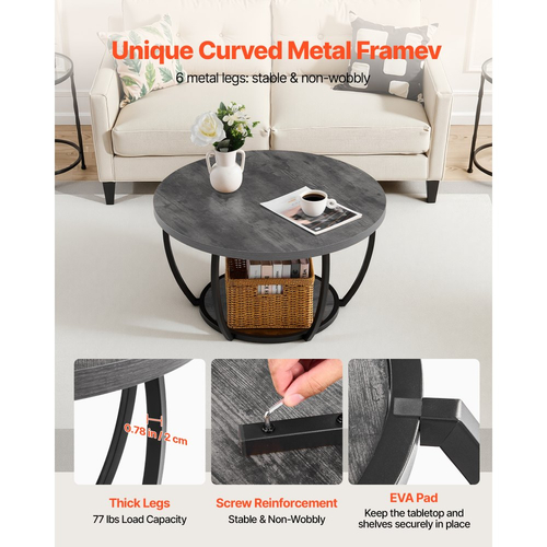 Τραπεζάκι Σαλονιού VEVOR, Μοντέρνο Στρογγυλό Τραπεζάκι Σαλονιού, 2 Επίπεδα Ξύλινο Κυκλικό Κεντρικό Γραφείο με Ανοιχτό Χώρο Αποθήκευσης, Μινιμαλιστικό Ανθεκτικό Μεταλλικό Πλαίσιο με Έξτρα Γραφείο για Σαλόνι, Γραφείο, Εύκολη Συναρμολόγηση, Γκρι