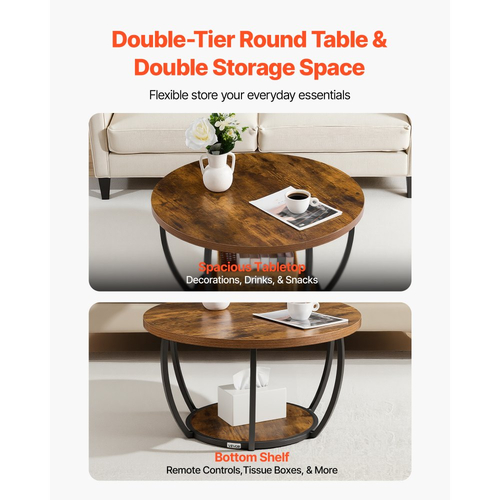 Τραπεζάκι Σαλονιού VEVOR, Μοντέρνο Στρογγυλό Τραπεζάκι Σαλονιού, 2 Επίπεδα Ξύλινο Κυκλικό Κεντρικό Γραφείο με Ανοιχτό Χώρο Αποθήκευσης, Μινιμαλιστικό Ανθεκτικό Μεταλλικό Πλαίσιο με Έξτρα Γραφείο για Σαλόνι, Γραφείο, Εύκολη Συναρμολόγηση, Ρουστίκ Καφέ