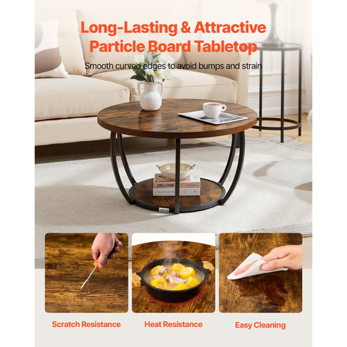 Τραπεζάκι Σαλονιού VEVOR, Μοντέρνο Στρογγυλό Τραπεζάκι Σαλονιού, 2 Επίπεδα Ξύλινο Κυκλικό Κεντρικό Γραφείο με Ανοιχτό Χώρο Αποθήκευσης, Μινιμαλιστικό Ανθεκτικό Μεταλλικό Πλαίσιο με Έξτρα Γραφείο για Σαλόνι, Γραφείο, Εύκολη Συναρμολόγηση, Ρουστίκ Καφέ