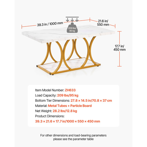 Τραπεζάκι Σαλονιού VEVOR, Μοντέρνο Τραπεζάκι Σαλονιού από Ψεύτικο Μάρμαρο, Ορθογώνιο Κεντρικό Γραφείο 2 Επιπέδων με Γεωμετρικά Πόδια, Μινιμαλιστικό Ανθεκτικό Μεταλλικό Πλαίσιο με Έμφαση στο Τελικό Γραφείο για Σαλόνι, Γραφείο, Εύκολη Συναρμολόγηση, Λευκό