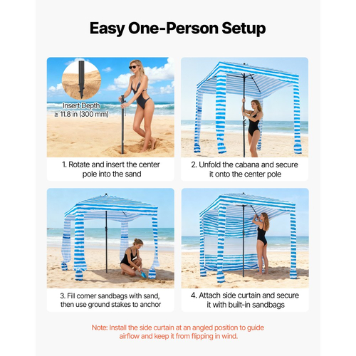 VEVOR Καμπάνα Παραλίας, Σκηνή Παραλίας 1,83 x 1,83 μ. με Πλευρικό Τοίχωμα, Προστασία UPF 50+, Εύκολη Εγκατάσταση Σκηνής Καμπάνα με Θήκες Άμμου, Φορητή Ομπρέλα Σκίασης για Όλη την Οικογένεια & Φίλους, Μπλε Ρίγες
