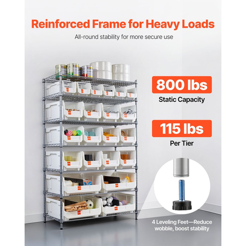Ράφι αποθήκευσης κάδων VEVOR 7 επιπέδων με ρολό, 22 κάδοι οργάνωσης, σύστημα ραφιών από χάλυβα και συρματόσχοινο με ρόδες, κινητός οργανωτής εργαλείων για γκαράζ, αποθήκη, γραφείο, εστιατόριο, τάξη, κουζίνα