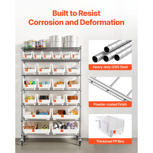 Ράφι αποθήκευσης κάδων VEVOR 7 επιπέδων με ρολό, 22 κάδοι οργάνωσης, σύστημα ραφιών από χάλυβα και συρματόσχοινο με ρόδες, κινητός οργανωτής εργαλείων για γκαράζ, αποθήκη, γραφείο, εστιατόριο, τάξη, κουζίνα