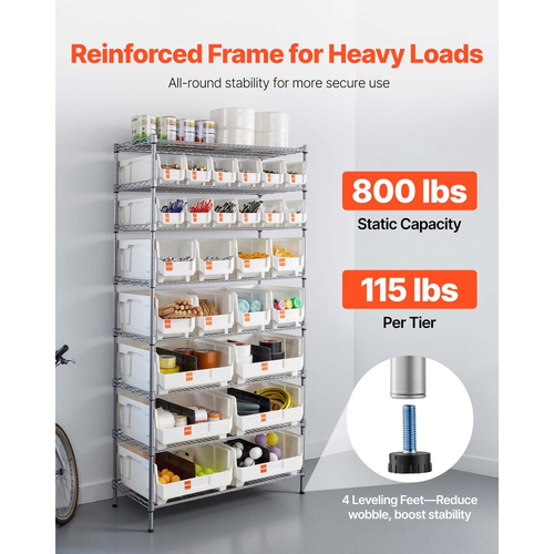 Ράφι αποθήκευσης κάδων VEVOR 8 επιπέδων με ρολό, 26 κάδοι οργάνωσης, σύστημα ραφιών από χάλυβα και συρματόσχοινο με ρόδες, κινητός οργανωτής εργαλείων για γκαράζ, αποθήκη, γραφείο, εστιατόριο, τάξη, κουζίνα