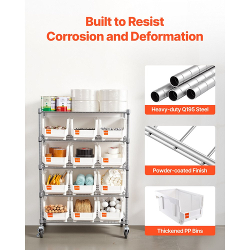 Ράφι αποθήκευσης κάδων VEVOR 5 επιπέδων με ρολό, 12 κάδοι οργάνωσης, σύστημα ραφιών από χάλυβα και συρματόσχοινο με ρόδες, κινητός οργανωτής εργαλείων για γκαράζ, αποθήκη, γραφείο, εστιατόριο, τάξη, κουζίνα
