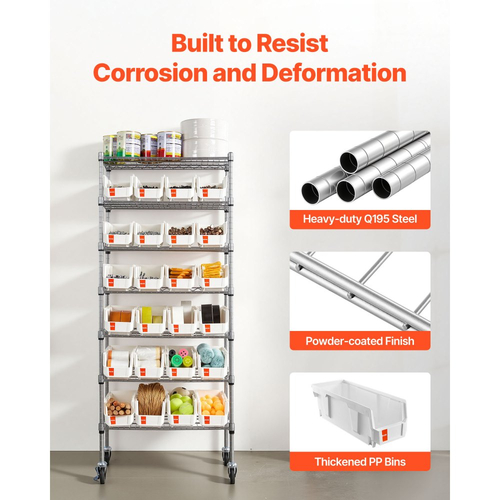 VEVOR Ράφι Αποθήκευσης Κάδων 7 Επιπέδων με Κυλιόμενους Κάδους, 24 Μικροί Κάδοι, Σύστημα Ραφιών από Χαλύβδινο Σύρμα με Ρόδες, Κινητός Οργανωτής Εργαλείων για Γκαράζ, Αποθήκη, Γραφείο, Εστιατόριο, Τάξη, Κουζίνα