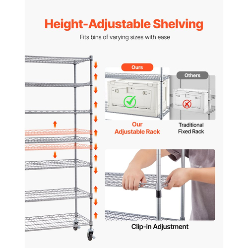 VEVOR Ράφι Αποθήκευσης Κάδων 7 Επιπέδων με Κυλιόμενο Τροχό, 18 Κάδοι Οργάνωσης, Σύστημα Ραφιών από Χαλύβδινο Σύρμα Αποθήκευσης με Ρόδες, Κινητός Οργανωτής Εργαλείων για Γκαράζ, Αποθήκη, Γραφείο, Εστιατόριο, Τάξη, Κουζίνα
