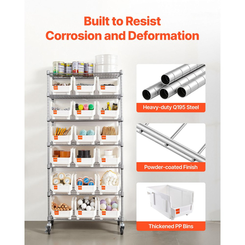 VEVOR Ράφι Αποθήκευσης Κάδων 7 Επιπέδων με Κυλιόμενο Τροχό, 18 Κάδοι Οργάνωσης, Σύστημα Ραφιών από Χαλύβδινο Σύρμα Αποθήκευσης με Ρόδες, Κινητός Οργανωτής Εργαλείων για Γκαράζ, Αποθήκη, Γραφείο, Εστιατόριο, Τάξη, Κουζίνα