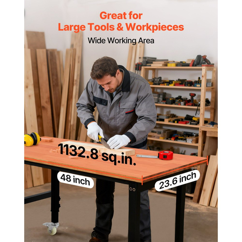 Ρυθμιζόμενος πάγκος εργασίας VEVOR με ρόδες, χωρητικότητα 680 kg, πάγκος εργασίας από ξύλο βελανιδιάς 122 x 60 cm με ρύθμιση ύψους 72,5-107,5, βαρέως τύπου τραπέζι εργασίας από σκληρό ξύλο για γκαράζ, εργαστήριο, σπίτι, γραφείο
