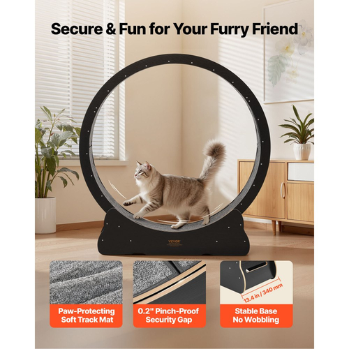 Τροχός άσκησης γάτας VEVOR, Ξύλινος τροχός τρεξίματος γάτας 132cm για γατάκι εσωτερικού χώρου έως 12,7kg, Διάδρομος για γάτες με διάδρομο με μοκέτα και μηχανισμό κλειδώματος, Ήσυχα αθλητικά παιχνίδια γάτας για κατοικίδια, Γυμναστική & Υγεία, Μαύρο