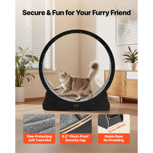 Τροχός άσκησης γάτας VEVOR, Ξύλινος τροχός τρεξίματος γάτας 120 cm για γάτες εσωτερικού χώρου έως 12,7 kg, Διάδρομος για γάτες με διάδρομο με μοκέτα και μηχανισμό κλειδώματος, Ήσυχα αθλητικά παιχνίδια για γατάκια για κατοικίδια, Μαύρο