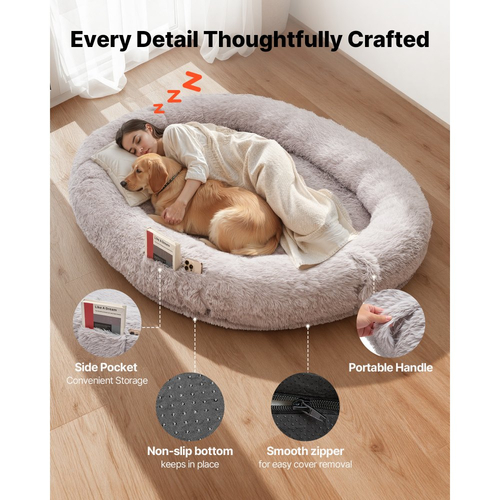 Κρεβάτι σκύλου VEVOR Human, 1760 x 1220 x 240 mm Ορθοπεδικό κρεβάτι σκύλου μεγέθους ανθρώπου από αφρό μνήμης, Κρεβάτια κατοικίδιων ανθρώπων με πλαϊνή τσέπη, λαβή και φερμουάρ, Αφαιρούμενα κρεβάτια σκύλων που πλένονται στο πλυντήριο για ανθρώπους, γκρι