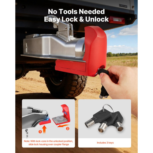 Κλείδωμα ρυμούλκησης VEVOR, Κατάλληλο για ζεύκτες 46 mm, 50,8 mm, 58,7 mm, Αντικλεπτική κλειδαριά ρυμούλκησης βαρέως τύπου με 3 κλειδιά, Ανθεκτικό σε ανοίγματα και κρούσεις, Κατάλληλο για τροχόσπιτα, σκάφη, ρυμουλκούμενα, Κόκκινο