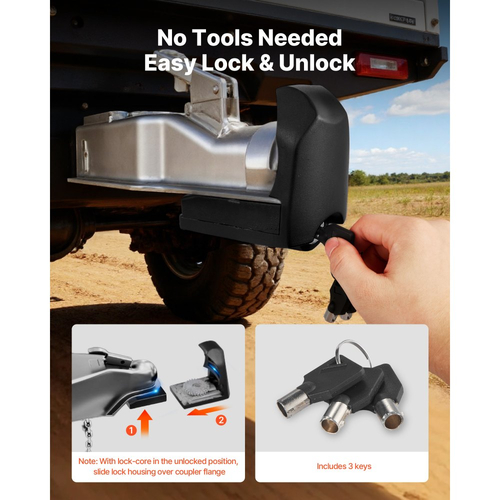 Κλείδωμα ρυμούλκησης VEVOR, Κατάλληλο για ζεύκτες 46 mm, 50,8 mm, 58,7 mm, Αντικλεπτική κλειδαριά ρυμούλκησης βαρέως τύπου με 3 κλειδιά, Ανθεκτικό σε ανοίγματα και κρούσεις, Κατάλληλο για τροχόσπιτα, σκάφη, ρυμουλκούμενα, Μαύρο