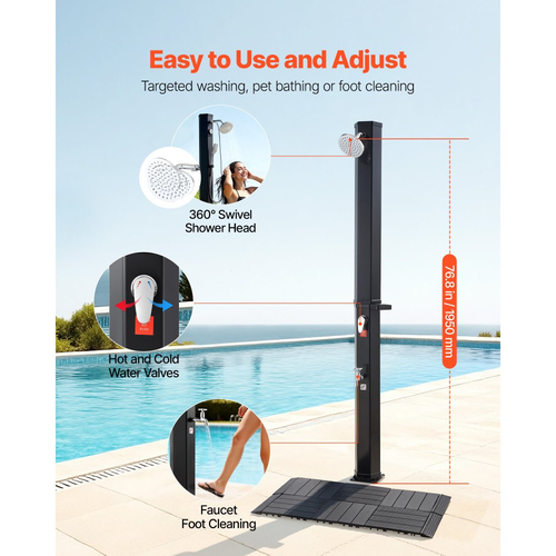 VEVOR 35L Ηλιακό Θερμαινόμενο Ντους, Εξωτερικό Ντους με Ύψος Κεφαλής Ντους 195cm, με Κιτ Δαπέδου & Ποδαρικό, Ρύθμιση Ζεστού & Κρύου Νερού, Ελεύθερο για Πισίνα Παραλίας και Αυλής, Μαύρο