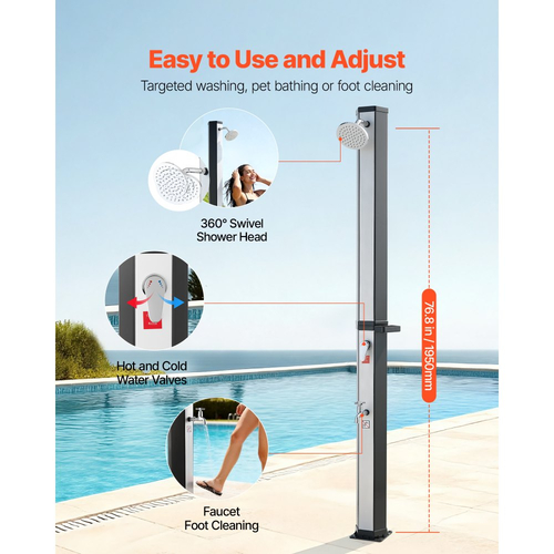 VEVOR 35L Ηλιακό Θερμαινόμενο Ντους, Εξωτερικό Ντους με Ύψος Κεφαλής Ντους 195cm, με Ποδόλουτρο & Στήριγμα Σαπουνοθήκης, Ρύθμιση Ζεστού & Κρύου Νερού, Ελεύθερο για Πισίνα Παραλίας, Μαύρο Ασημί