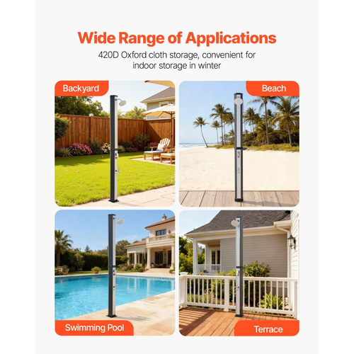 VEVOR 35L Ηλιακό Θερμαινόμενο Ντους, Εξωτερικό Ντους με Ύψος Κεφαλής Ντους 195cm, με Ποδόλουτρο & Στήριγμα Σαπουνοθήκης, Ρύθμιση Ζεστού & Κρύου Νερού, Ελεύθερο για Πισίνα Παραλίας, Μαύρο Ασημί