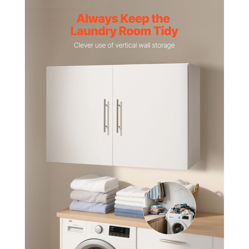 VEVOR Ντουλάπι Τοίχου Πλυντηρίου, 2 Επίπεδα Κρεμαστά Ντουλάπια Τοίχου με Ρυθμιζόμενο Ράφι, Αποθήκευση σε Ντουλάπι με 2 Πόρτες, για Κουζίνα, Μπάνιο, Πλυντήριο, 40,6 x 91,4 x 61 cm (Β x Π x Υ), Λευκό