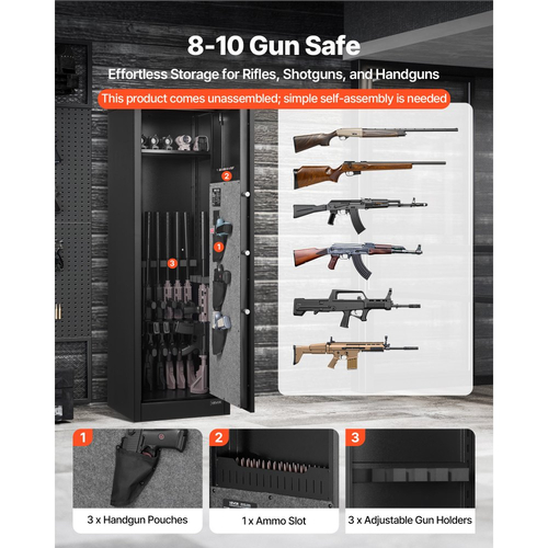 VEVOR 8-10 Gun Safe, Μακρύ Θήκη για Τυφέκια και Πιστόλια, Γρήγορης Πρόσβασης Θήκη για Τυφέκια με 3 Θήκες Πιστόλιων και Ρυθμιζόμενες Θήκες, Μεγάλο Ψηφιακό Θήκη με Κλείδωμα Δακτυλικών Αποτυπωμάτων και Κωδικού Πρόσβασης