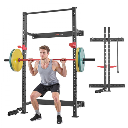 Πτυσσόμενο Power Cage VEVOR, Επιτοίχια βάση καθισμάτων Power Rack, Πολυλειτουργικός εξοπλισμός προπόνησης ενδυνάμωσης με βάση ναρκών, ρυθμιζόμενα J-Hooks και μπάρα έλξης για γυμναστήριο στο σπίτι, χωρητικότητα 545 κιλών