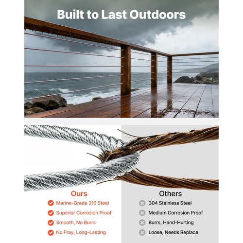 Κιτ συρματόσχοινου VEVOR 3,2 mm, μήκος 12,2 m, καλώδιο από ανοξείδωτο χάλυβα 316, αντοχή σε θραύση 7,1 kN, κατασκευή 7 x 7 κλώνων, χαλύβδινο καλώδιο για σύστημα κιγκλιδωμάτων καταστρώματος, πέργκολα κήπου, φωτιστικά σε σειρά
