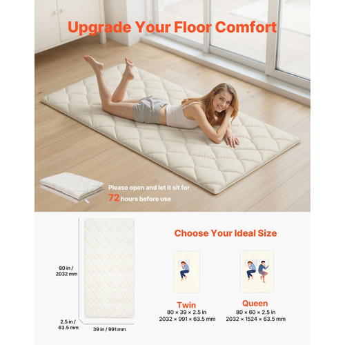 Ιαπωνικό στρώμα τατάμι VEVOR, Πτυσσόμενο στρώμα ιαπωνικού τατάμι διπλού μεγέθους, Στρώμα φουτόν με τσάντα αποθήκευσης και κούμπωμα, Πατάκι δαπέδου 9 στρώσεων για ύπνο, κοιτώνα, διαλογισμό, γιόγκα, 2032 x 991 x 63,5 mm, λευκό