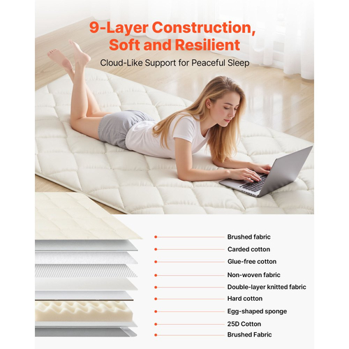 Ιαπωνικό στρώμα τατάμι VEVOR, Πτυσσόμενο στρώμα ιαπωνικού τατάμι διπλού μεγέθους, Στρώμα φουτόν με τσάντα αποθήκευσης και κούμπωμα, Πατάκι δαπέδου 9 στρώσεων για ύπνο, κοιτώνα, διαλογισμό, γιόγκα, 2032 x 991 x 63,5 mm, λευκό