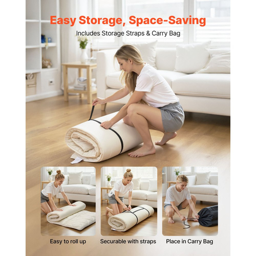 Ιαπωνικό στρώμα τατάμι VEVOR, Πτυσσόμενο στρώμα ιαπωνικού τατάμι διπλού μεγέθους, Στρώμα φουτόν με τσάντα αποθήκευσης και κούμπωμα, Πατάκι δαπέδου 9 στρώσεων για ύπνο, κοιτώνα, διαλογισμό, γιόγκα, 2032 x 991 x 63,5 mm, λευκό