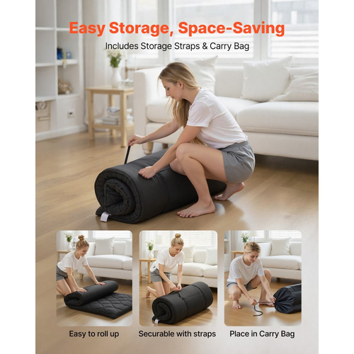 Ιαπωνικό στρώμα τατάμι VEVOR, Πτυσσόμενο στρώμα ιαπωνικού τατάμι διπλού μεγέθους, Στρώμα φουτόν με τσάντα αποθήκευσης και κούμπωμα, Πατάκι δαπέδου 9 στρώσεων για ύπνο, Φοιτητική εστία, Διαλογισμό, Γιόγκα, 2032 x 991 x 89 mm, Μαύρο