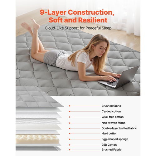 Ιαπωνικό στρώμα τατάμι VEVOR, Πτυσσόμενο στρώμα ιαπωνικού τατάμι πλήρους μεγέθους, Στρώμα φουτόν με τσάντα αποθήκευσης και κούμπωμα, Πατάκι δαπέδου 9 στρώσεων για ύπνο, κοιτώνα, διαλογισμό, γιόγκα, 2032 x 1372 x 89 mm, γκρι