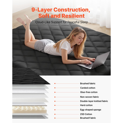 Ιαπωνικό στρώμα τατάμι VEVOR, πτυσσόμενο ιαπωνικό στρώμα τατάμι μεγέθους Queen, στρώμα φουτόν με τσάντα αποθήκευσης και κούμπωμα, 9 στρώσεων πατάκι δαπέδου για ύπνο, κοιτώνα, διαλογισμό, γιόγκα, 2032 x 1524 x 89 mm, μαύρο