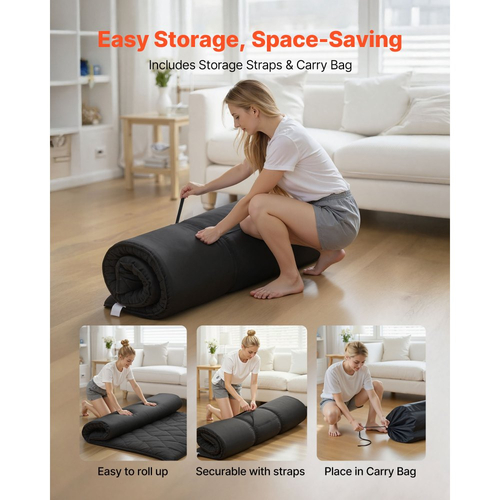 Ιαπωνικό στρώμα τατάμι VEVOR, πτυσσόμενο ιαπωνικό στρώμα τατάμι μεγέθους Queen, στρώμα φουτόν με τσάντα αποθήκευσης και κούμπωμα, 9 στρώσεων πατάκι δαπέδου για ύπνο, κοιτώνα, διαλογισμό, γιόγκα, 2032 x 1524 x 89 mm, μαύρο