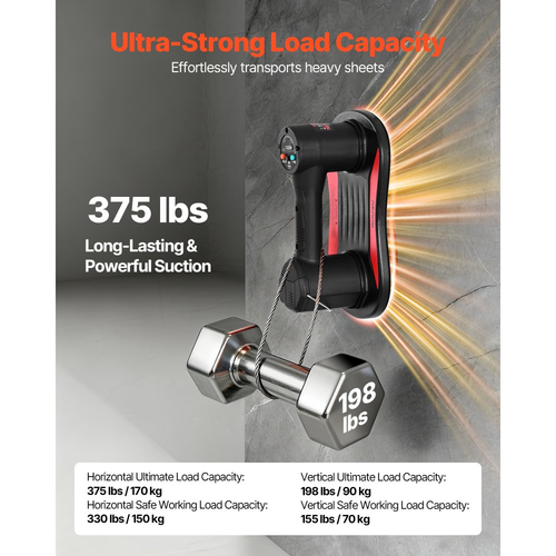 Ηλεκτρική βεντούζα κενού VEVOR, Μέγιστη ικανότητα ανύψωσης 170 kg, Ανυψωτήρας τζαμιών κενού με ψηφιακή οθόνη, Βαρύ εργαλείο βεντούζας πλακιδίων για ανύψωση πλακιδίων, γρανίτη, ξύλου, πλακόστρωσης, γυψοσανίδας, παραθύρων