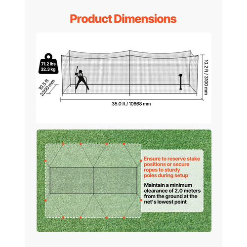 Κλουβί κτυπήματος μπέιζμπολ VEVOR, 10668 x 3200 x 3100 mm, Κλουβιά χτυπήματος με 45-Ply Knotted HDPE & μακριά σχοινιά τοποθέτησης, Κλουβιά κτυπήματος, Δίχτυ για εσωτερικούς και εξωτερικούς χώρους