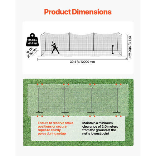 Κλουβί μπέιζμπολ VEVOR, Φορητό κλουβί μπέιζμπολ 12000 x 3680 x 3100 mm, Κλουβιά χτυπήματος με 45-Ply Knotted HDPE & Μακριά σχοινιά τοποθέτησης, Κλουβιά μπέιζμπολ με δίχτυ για εσωτερικούς και εξωτερικούς χώρους