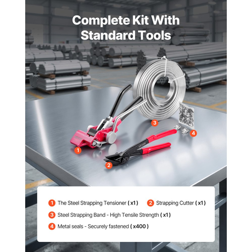 Κιτ δεσίματος χαλύβδινων ταινιών VEVOR, εργαλείο σφράγισης ταινιών βαρέως τύπου με ιμάντες δεσίματος 122 μέτρων, 400 μεταλλικά κουμπώματα, κιτ δεσίματος χειροκίνητης συσκευασίας παλετών για αποθήκη, μεταφορά, βιομηχανική συσκευασία