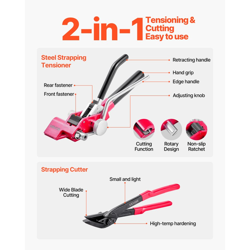 Κιτ δεσίματος χαλύβδινων ταινιών VEVOR, εργαλείο σφράγισης ταινιών βαρέως τύπου με ιμάντες δεσίματος 122 μέτρων, 400 μεταλλικά κουμπώματα, κιτ δεσίματος χειροκίνητης συσκευασίας παλετών για αποθήκη, μεταφορά, βιομηχανική συσκευασία