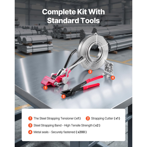 Κιτ δεσίματος χαλύβδινων ταινιών VEVOR, εργαλείο σφράγισης ταινιών βαρέως τύπου με ιμάντες δεσίματος 60 μέτρων, 200 μεταλλικά κουμπώματα, κιτ δεσίματος χειροκίνητης συσκευασίας παλετών για αποθήκη, μεταφορά, βιομηχανική συσκευασία