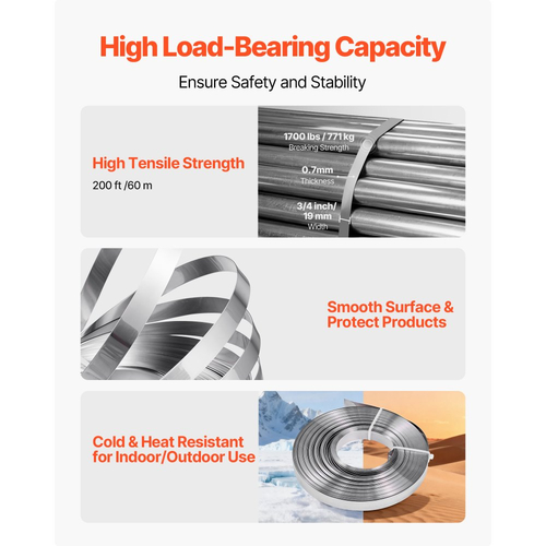 Κιτ δεσίματος χαλύβδινων ταινιών VEVOR, εργαλείο σφράγισης ταινιών βαρέως τύπου με ιμάντες δεσίματος 60 μέτρων, 200 μεταλλικά κουμπώματα, κιτ δεσίματος χειροκίνητης συσκευασίας παλετών για αποθήκη, μεταφορά, βιομηχανική συσκευασία