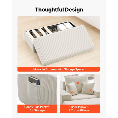 Πολυθρόνα VEVOR, Εσωτερική πολυθρόνα χωρίς κόκαλα 1115 mm, Υπερμεγέθης πολυθρόνα ανάγνωσης από κοτλέ με μαξιλάρια και μπράτσα, Καναπές-κρεβάτι με βαθύ κάθισμα για σαλόνι, υπνοδωμάτιο, μπεζ