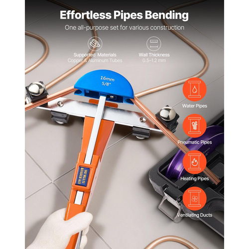 Κιτ κάμψης σωλήνων VEVOR, 6 mm έως 22 mm, Συμπαγής κάμψη σωλήνων με καστάνια, Εργαλείο χειροκίνητης κάμψης εμπρός/πίσω, με μήτρες από κράμα αλουμινίου 7 χρωμάτων, για επισκευή ψυκτικών συστημάτων HVAC και κλιματισμού χαλκού