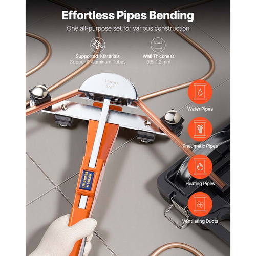 Κιτ κουρμπαδόρου σωλήνων VEVOR, 6 mm έως 22 mm, Συμπαγής κουρμπαδόρος σωλήνων με καστάνια, Εργαλείο χειροκίνητης κάμψης εμπρός/πίσω, με 7 μήτρες από κράμα αλουμινίου, για επισκευή αυτοκινήτων από χαλκό HVAC, κλιματισμό, ψύξη και ψύξη