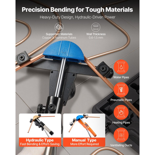 Κιτ κάμψης υδραυλικών σωλήνων VEVOR, 6 mm έως 22 mm, κάμψη σωλήνων χαλκού, σετ εργαλείων κάμψης HVAC, κάμψη 90°, με μήτρες από κράμα αλουμινίου 7 χρωμάτων, για επισκευή αυτοκινήτων HVAC, κλιματισμού, ψύξης
