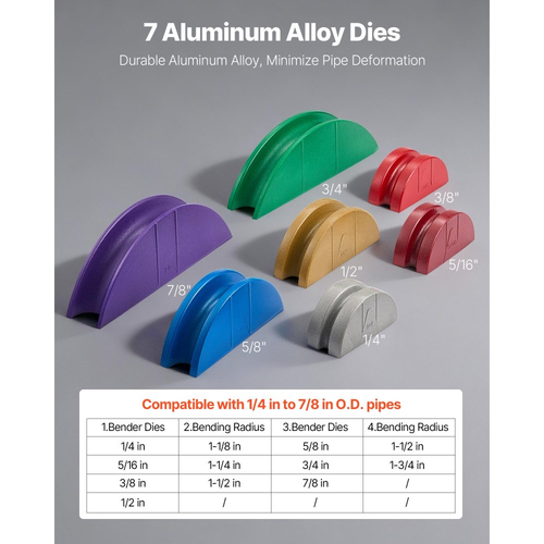 Κιτ κάμψης υδραυλικών σωλήνων VEVOR, 6 mm έως 22 mm, κάμψη σωλήνων χαλκού, σετ εργαλείων κάμψης HVAC, κάμψη 90°, με μήτρες από κράμα αλουμινίου 7 χρωμάτων, για επισκευή αυτοκινήτων HVAC, κλιματισμού, ψύξης