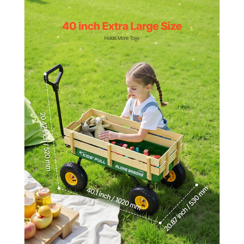 VEVOR Ρυμουλκούμενο Καρότσι για Παιδιά, Καρότσια 101cm με Ξύλινα Πάνελ & Λαβή, Υποστηρίζει έως 150kg, Δώρο Γενεθλίων για Παιδιά, Κηπουρική, Παραλία, Πράσινο