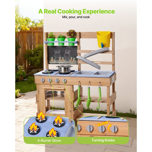 Κουζίνα από λάσπη VEVOR, Κουζίνα από λάσπη εξωτερικού χώρου για παιδιά, Ξύλινες κουζίνες εξωτερικού χώρου με σόμπες, γάντζους, νεροχύτες, φτυάρια φύτευσης, σπάτουλες, λαβή, μαγειρικά σκεύη, γλάστρες και αξεσουάρ, παιχνίδι με νερό και άμμο