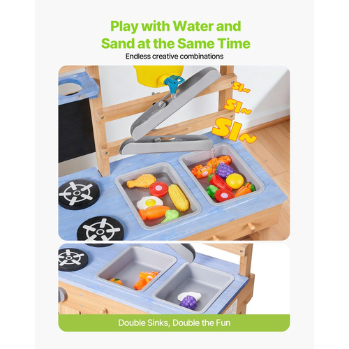 Κουζίνα από λάσπη VEVOR, Κουζίνα από λάσπη εξωτερικού χώρου για παιδιά, Ξύλινες κουζίνες εξωτερικού χώρου με σόμπες, γάντζους, νεροχύτες, φτυάρια φύτευσης, σπάτουλες, λαβή, μαγειρικά σκεύη, γλάστρες και αξεσουάρ, παιχνίδι με νερό και άμμο