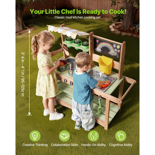 Κουζίνα από λάσπη VEVOR, Κουζίνα από λάσπη εξωτερικού χώρου για παιδιά, Ξύλινες κουζίνες εξωτερικού χώρου με κουτάλια, Νιπτήρας, Στέγαστρο για σκίαση, Περιστρεφόμενες ρόδες, Σκεύη μαγειρικής, Κατσαρόλες και αξεσουάρ, Ξύλινες κουζίνες παιχνιδιού για το σπίτι, Γκαζόν