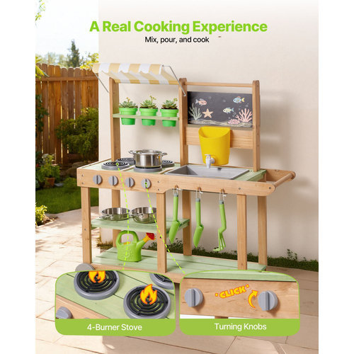 Κουζίνα από λάσπη VEVOR, Κουζίνα από λάσπη εξωτερικού χώρου για παιδιά, Ξύλινες κουζίνες εξωτερικού χώρου με κουτάλια, Νιπτήρας, Στέγαστρο για σκίαση, Περιστρεφόμενες ρόδες, Σκεύη μαγειρικής, Κατσαρόλες και αξεσουάρ, Ξύλινες κουζίνες παιχνιδιού για το σπίτι, Γκαζόν