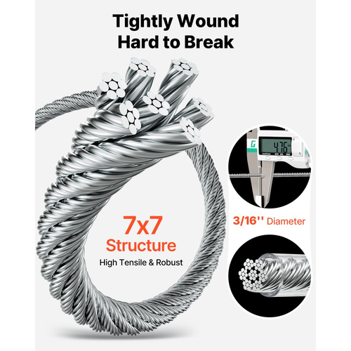 Κιτ συρματόσχοινου VEVOR 4,76 mm, μήκος 61 m, καλώδιο από ανοξείδωτο χάλυβα 304, αντοχή σε θραύση 7,1 kN, κατασκευή 7 x 7 κλώνων, χαλύβδινο καλώδιο για σύστημα κιγκλιδωμάτων καταστρώματος, πέργκολα κήπου, φωτιστικά σε σειρά